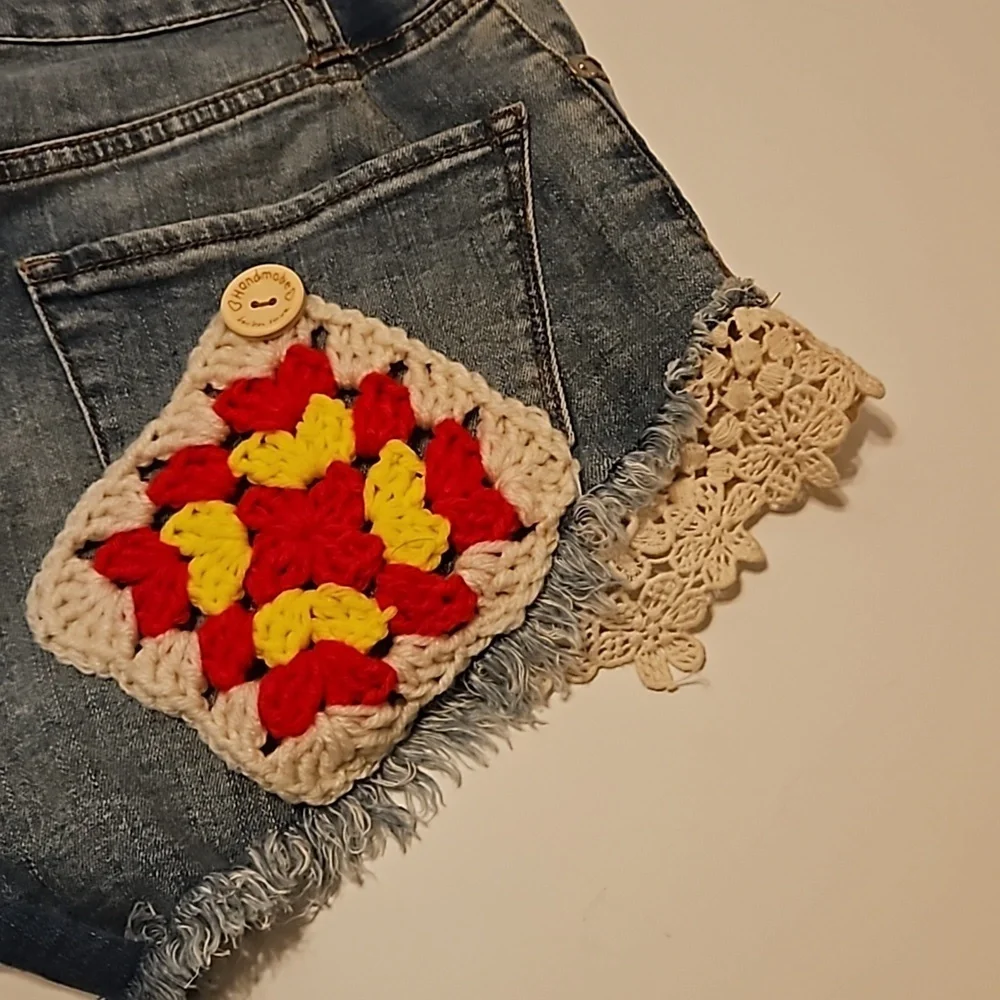 Hand Crafted Upcycled Denim Crochet Shorts Granny Square Handmade High rise 29 - Picture 11 of 17